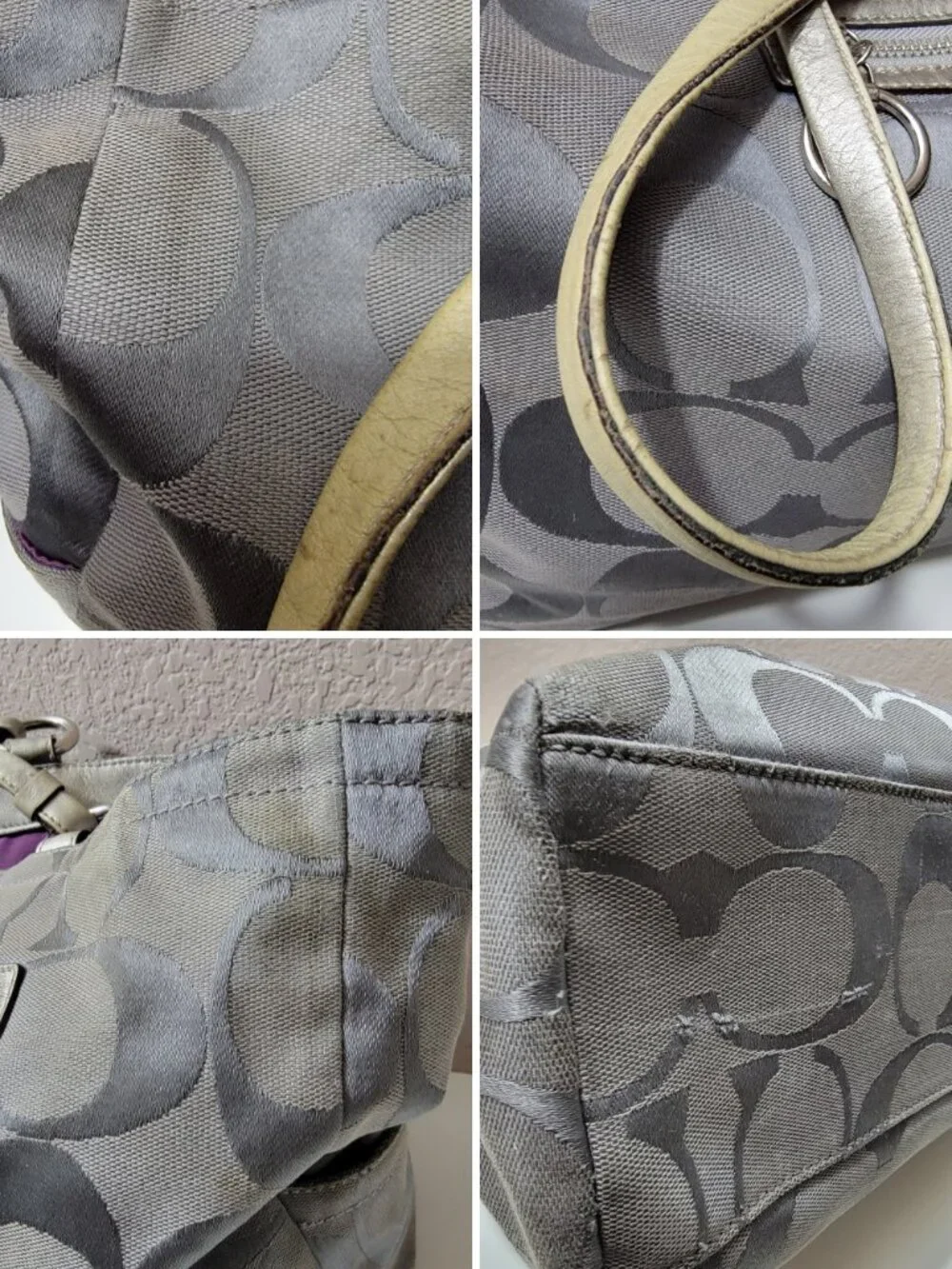 Coach Gabby Signature Gray Silver Carryall Tote Bag Purple Lining F14863 Large